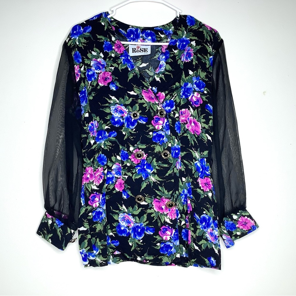 < Women's Vintage Floral Button Front Blouse - Black, Blue, and Pink >